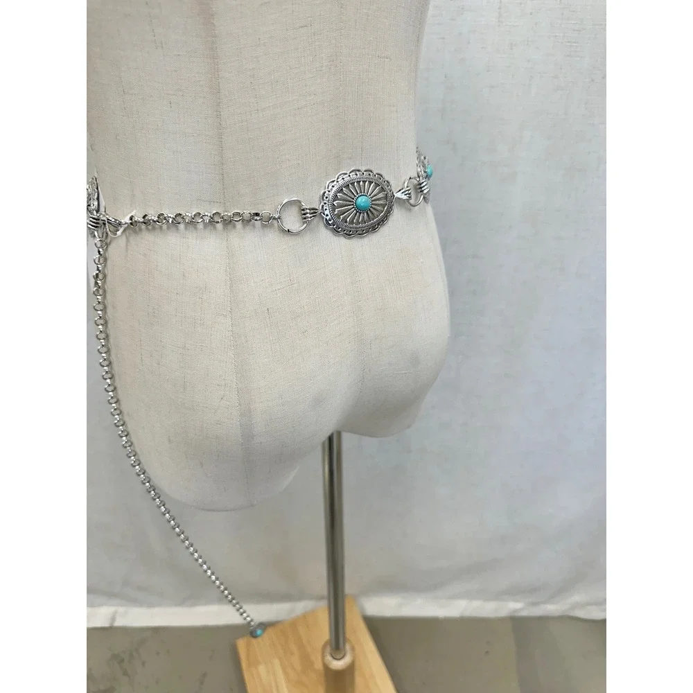 Unbranded Silver Turquoise Concho Chain Belt Womens OS‎ Western Boho Festival